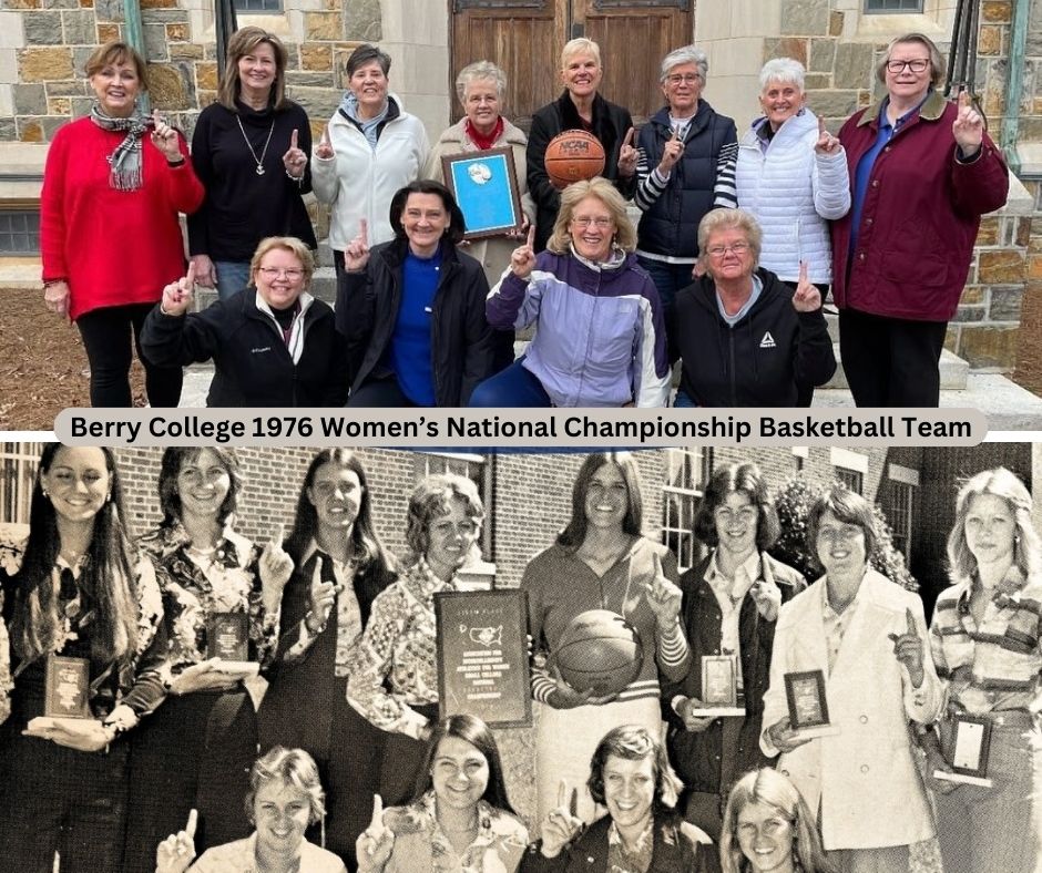 Two pictures displayed horizontally of members of the 1976 Berry College Women's National Championship Basketball team. The top picture is from 2024; the bottom picture is from 1976. In both pictures, the women are posed identically.