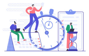 Cartoon image of three people with a large stopwatch, laptop calendar, and clipboard to do list looming in the background